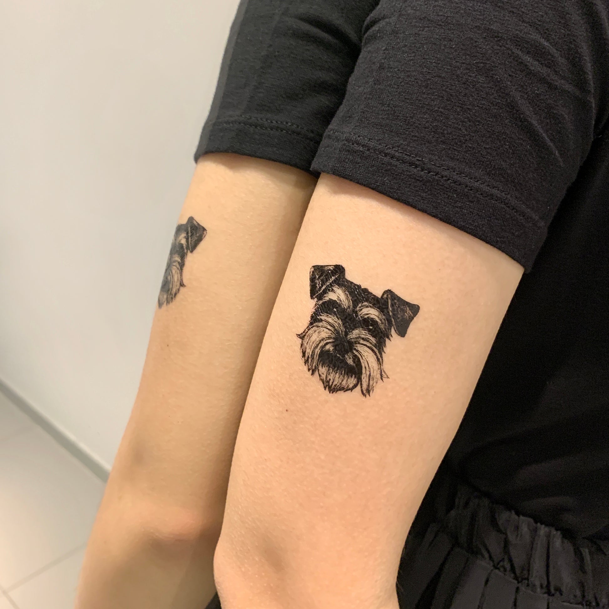 fake small schnauzer yorkshire terrier dog animal temporary tattoo sticker design idea on upper arm