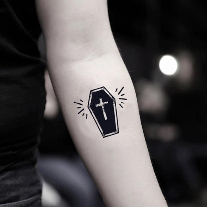 fake small halloween costume coffin casket vintage temporary tattoo sticker design idea on inner arm