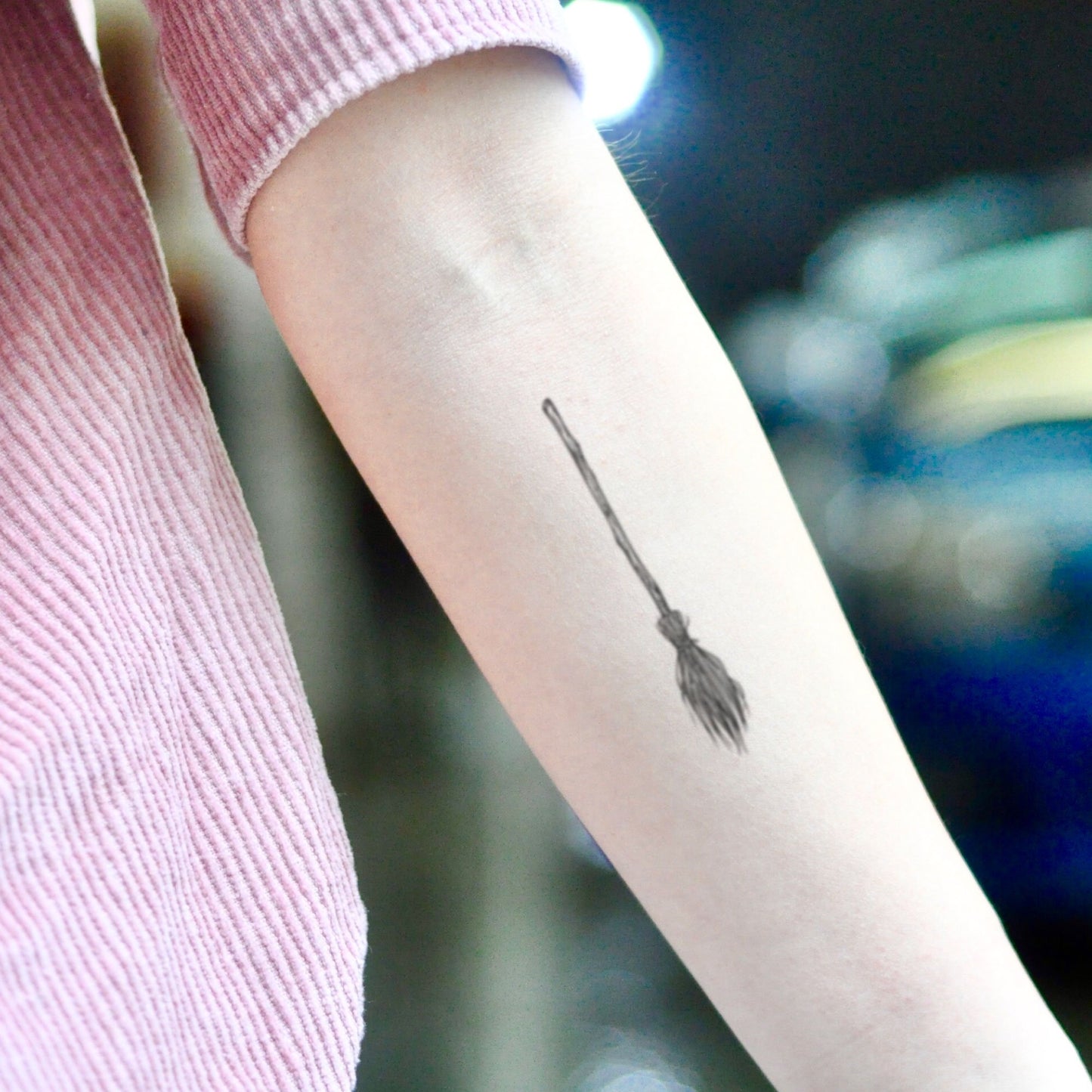 fake small witch broom simple halloween witchy wiccan witchcraft minimalist temporary tattoo sticker design idea on inner arm
